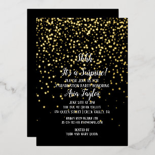 Invitation En Aluminium Shh Surprise Confetti sur Black Graduation Gold