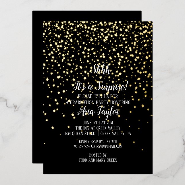 Invitation En Aluminium Shh Surprise Confetti sur Black Graduation Gold (Recto/Verso)