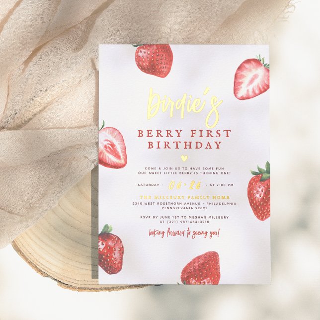 Invitation En Aluminium Shiny Berry First Strawberry Girl 1er anniversaire (Créateur téléchargé)