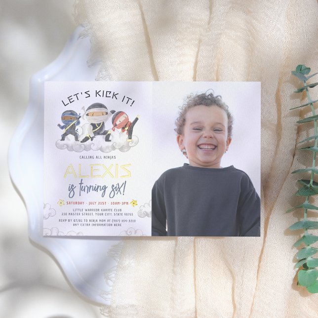 Invitation En Aluminium Shiny Let's Kick It Ninja Karate Photo Anniversair (Créateur téléchargé)