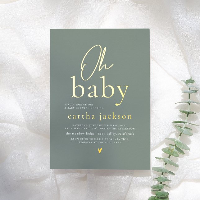 Invitation En Aluminium Shiny Oh Baby Script Sage Green Boho Baby shower (Créateur téléchargé)