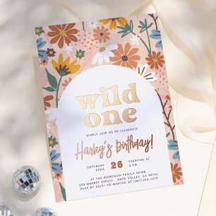 Invitation En Aluminium Shiny Wild One Retro Fleur sauvage 1er anniversair