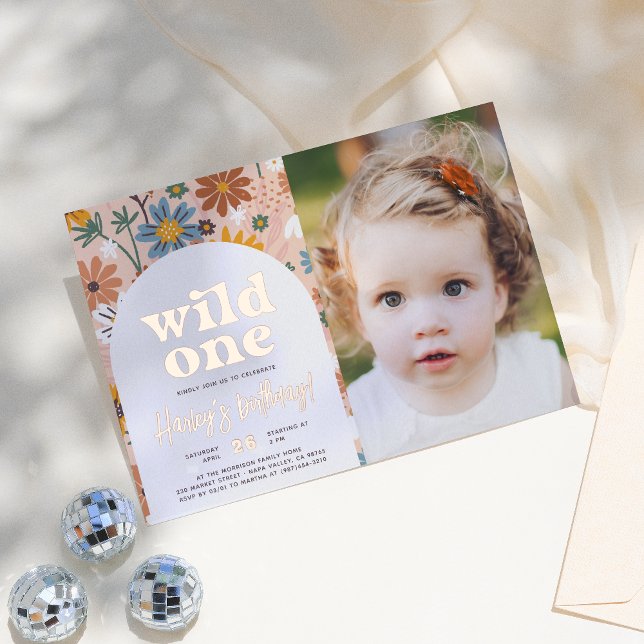 Invitation En Aluminium Shiny Wild One Retro Photo 1ère fête d'anniversair (Créateur téléchargé)