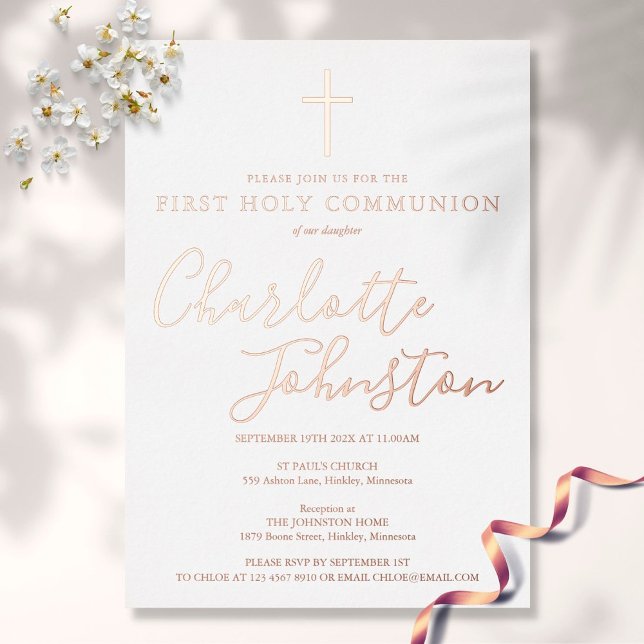 Invitation En Aluminium Signature Script Rose Gold First Holy Communion (Créateur téléchargé)
