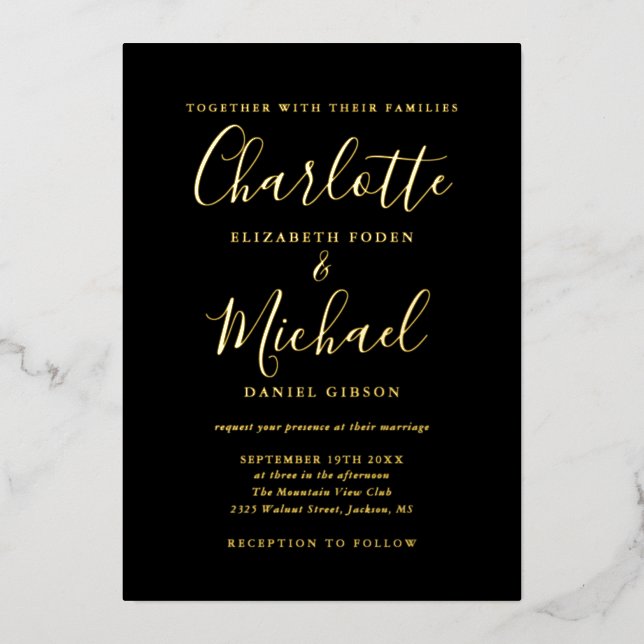 Invitation En Aluminium Signature Tout en un Mariage d'or noir (Recto)