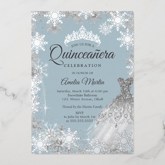 Invitation En Aluminium Silver Dusty Blue Winter Snowflake Quinceanera (Recto)