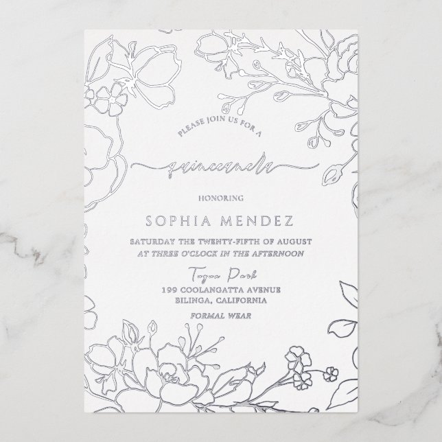Invitation En Aluminium Silver Floral Élégant Quinceanera Party Argent (Recto)
