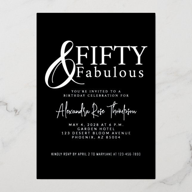 Invitation En Aluminium Silver Foil Fifty and Fabulous 50th Birthday Party (Recto)