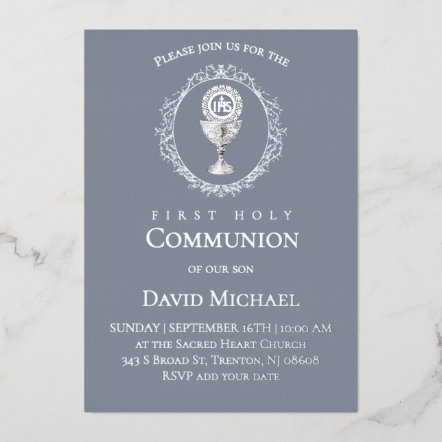 Invitation En Aluminium Silver foil text First Holy Communion boy (Recto)