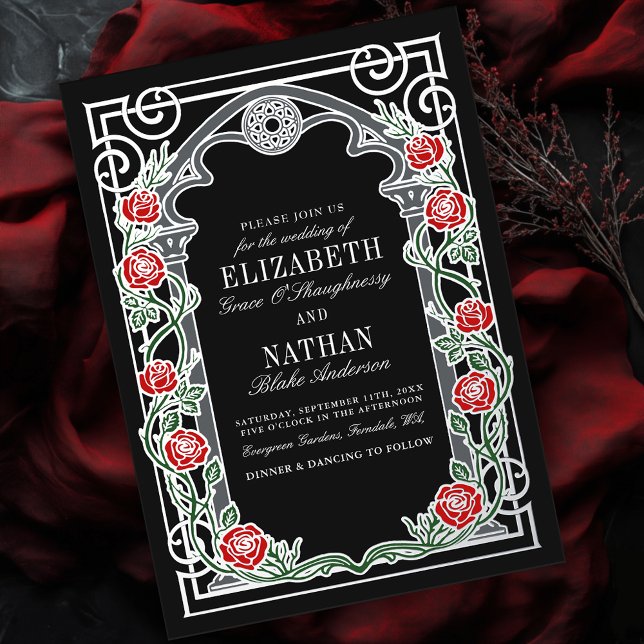 Invitation En Aluminium Silver Gothic Roses Cathedral Frame Wedding  (Créateur téléchargé)