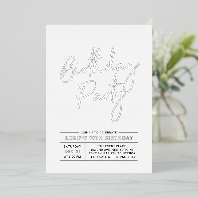 Invitation En Aluminium Silver Modern Brush Script Adult Anniversaire Part (Debout devant)