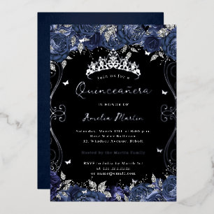 Invitation En Aluminium Silver Navy Swirl Scroll Floral Quinceanera