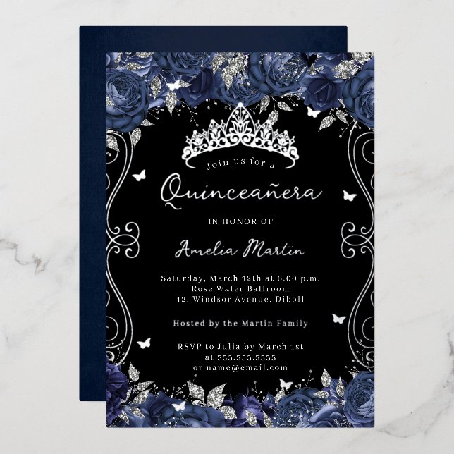 Invitation En Aluminium Silver Navy Swirl Scroll Floral Quinceanera (Recto/Verso)