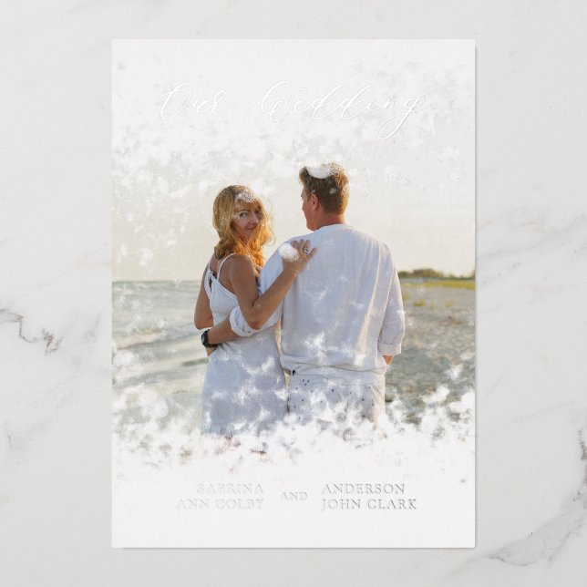 Invitation En Aluminium Silver Photo Whimsical Our Wedding Script Real (Recto)