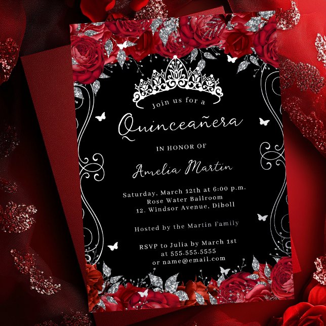 Invitation En Aluminium Silver Red Swirl Scroll Floral Quinceanera (Créateur téléchargé)