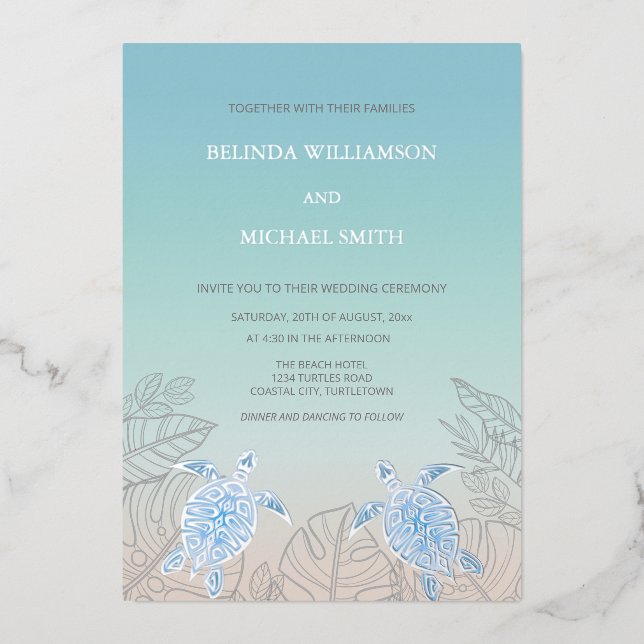 Invitation En Aluminium Silver Sea Turtles Turquoise | Beach Wedding (Recto)
