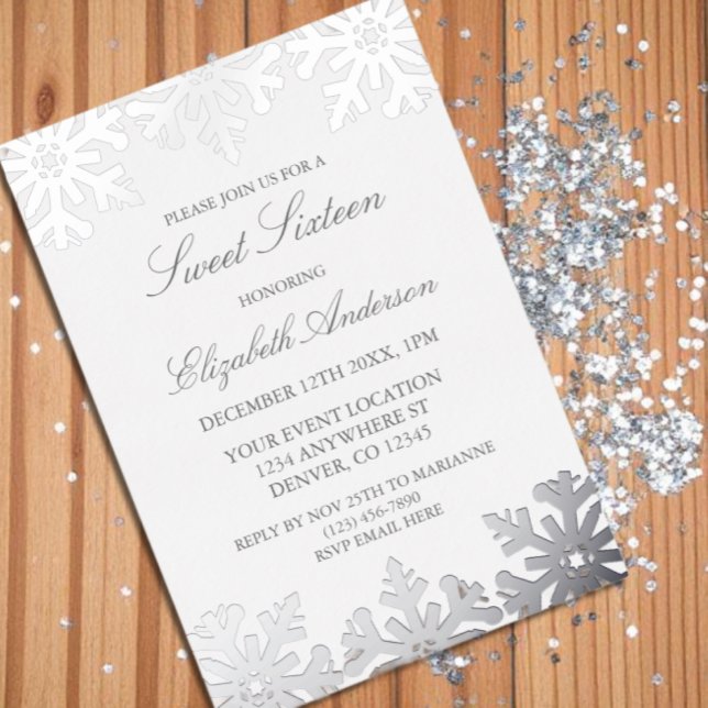 Invitation En Aluminium Silver Snowflake Winter Sweet 16 (Créateur téléchargé)