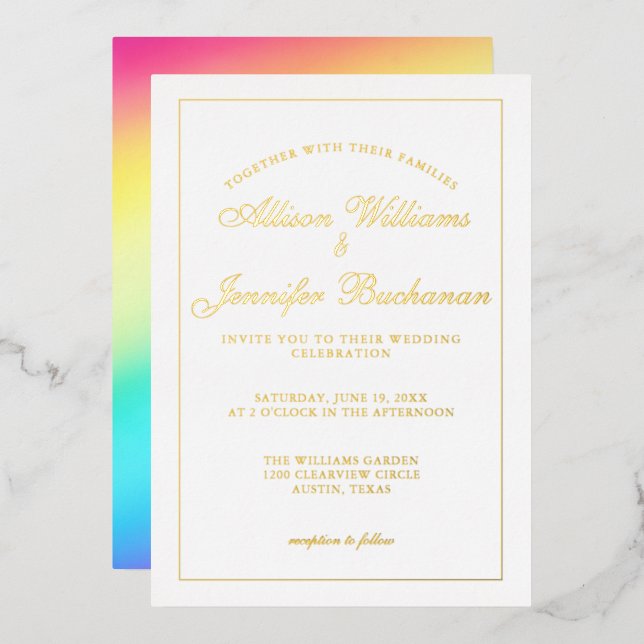 Invitation En Aluminium Simple arc-en-ciel Gradient Chic LGBTQ Mariage Or (Recto/Verso)