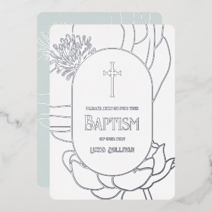 Invitation En Aluminium Simple Argent Floral Blanc Aquamarine Baptême