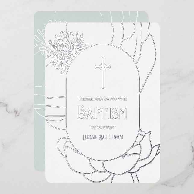 Invitation En Aluminium Simple Argent Floral Blanc Aquamarine Baptême (Recto/Verso)