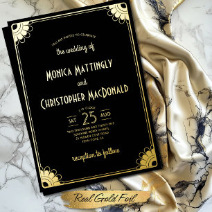 Invitation En Aluminium Simple Black Gold Art Déco Mariage floral rétro