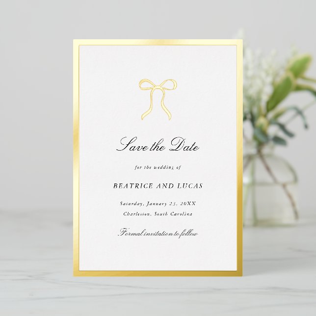 Invitation En Aluminium Simple Bow Mariage Classique Enregistrer la Date (Debout devant)