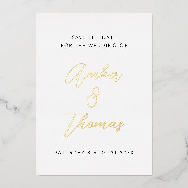 Invitation En Aluminium Simple Calligraphie Moderne Enregistrer la Date Or (Recto)