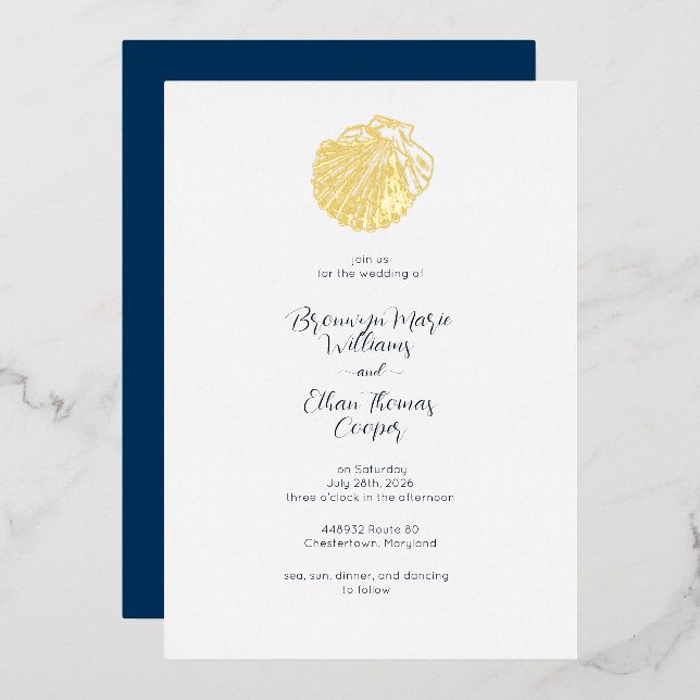 Invitation En Aluminium Simple Coquillage et Bleu de Prusse Profond (Recto/Verso)