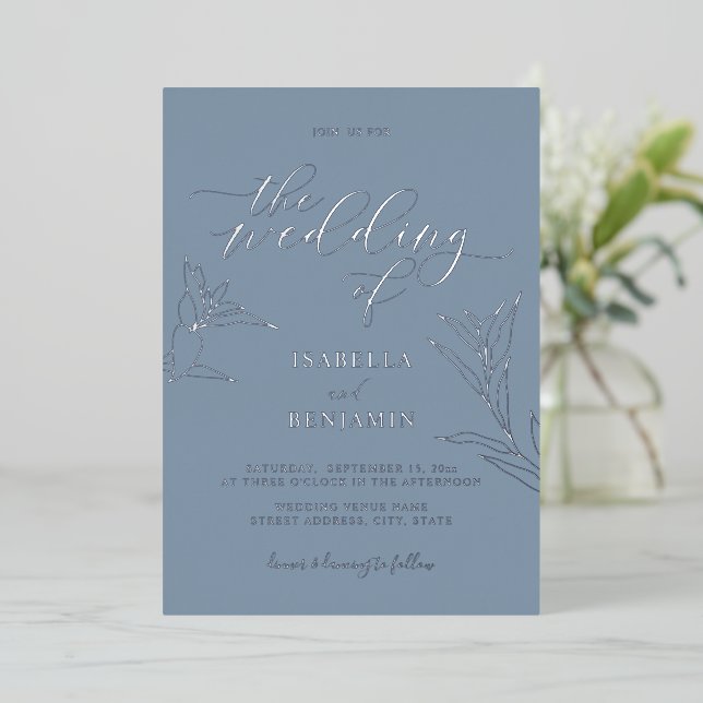Invitation En Aluminium Simple Dusty Blue Silver Script Mariage botanique (Debout devant)