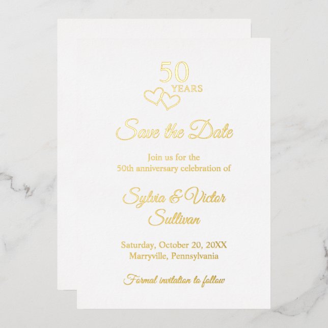 Invitation En Aluminium Simple Elegant 50th Wedding Anniversary Gold Heart (Recto/Verso)