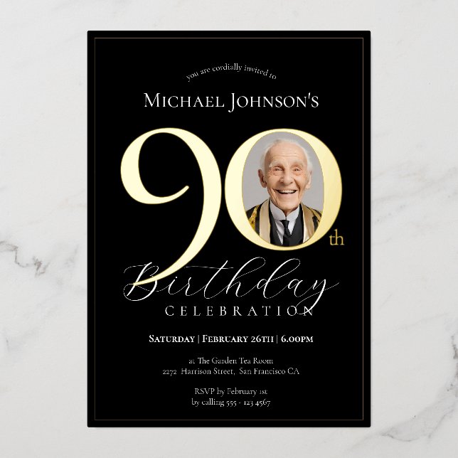 Invitation En Aluminium Simple Elegant Black Gold Photo 90e anniversaire (Recto)
