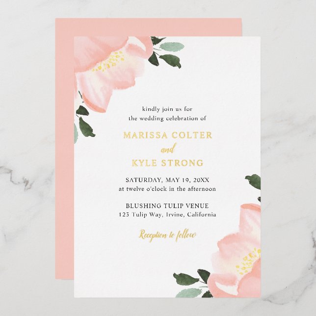 Invitation En Aluminium Simple Elégant Blush Rose Floral Mariage Or (Recto/Verso)