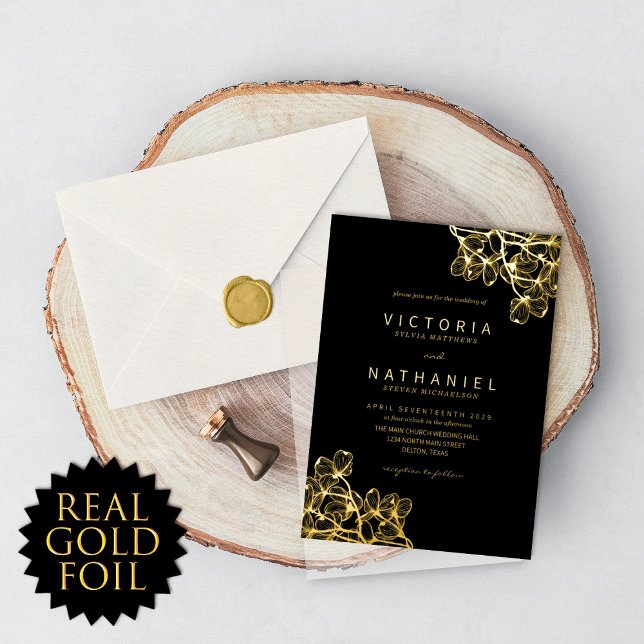 Invitation En Aluminium Simple Elégant Floral Mariage d'été Real Gold (Créateur téléchargé)