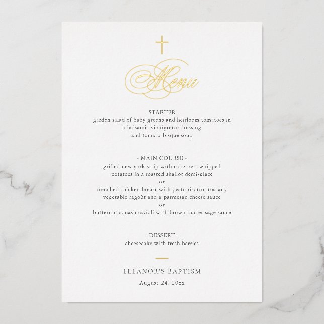 Invitation En Aluminium Simple Elegant Gold Cross Calligraphy Baptism Menu (Recto)