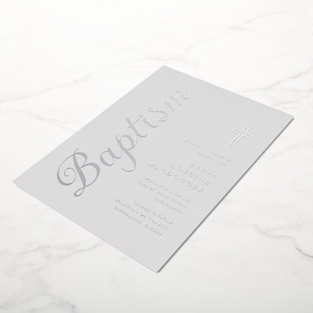 Invitation En Aluminium Simple Élégant Script Argent Soft Grey Baptême (Rotation)