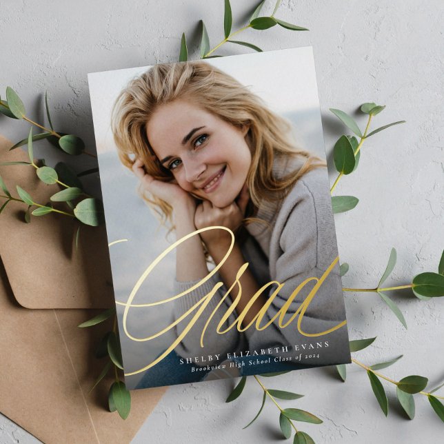 Invitation En Aluminium Simple élégant script grad un diplôme de photo (Créateur téléchargé)
