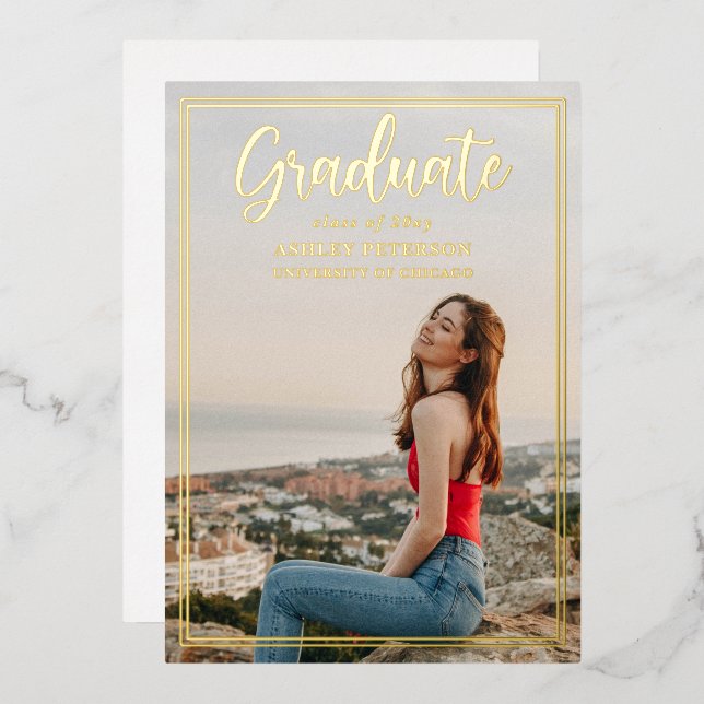 Invitation En Aluminium Simple Frame Gold Script Photo Graduation Foil In (Recto/Verso)
