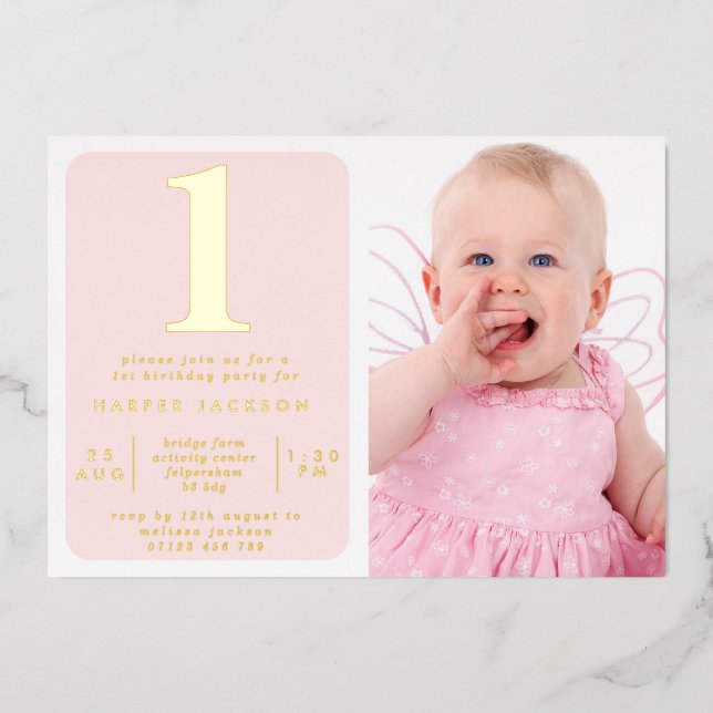 Invitation En Aluminium Simple Gold Foil & Blush 1er Anniversaire Photo (Recto)