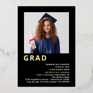 Invitation En Aluminium Simple Grad 2025 Photo Graduation Black Gold Real