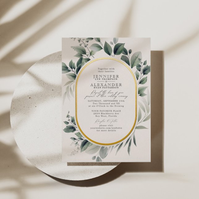 Invitation En Aluminium Simple Greenery Eucalyptus Ivoire Feuille D'or Mar (Créateur téléchargé)