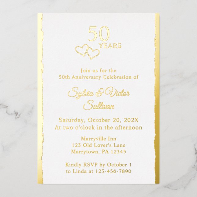 Invitation En Aluminium Simple Hearts 50th Wedding Anniversary Party Gold (Recto)