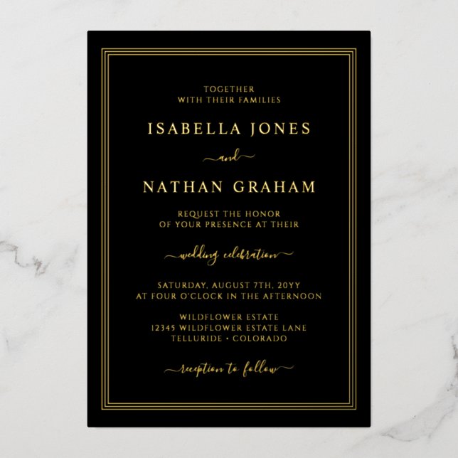 Invitation En Aluminium Simple Mariage Black Gold (Recto)