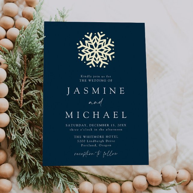 Invitation En Aluminium Simple Mariage Flocon de Neige Navy et Or (Créateur téléchargé)