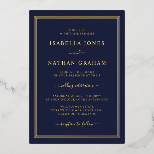 Invitation En Aluminium Simple Mariage Or Navy (Recto)