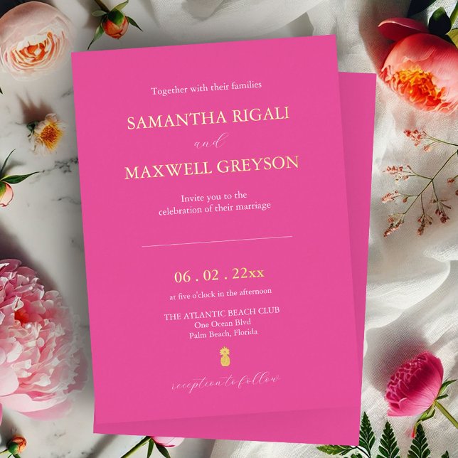 Invitation En Aluminium Simple mariage sur la plage rose fuchsia vibrant (Bold wedding invitations vibrant fuchsia pink with gold foil by Do Tell A Belle)