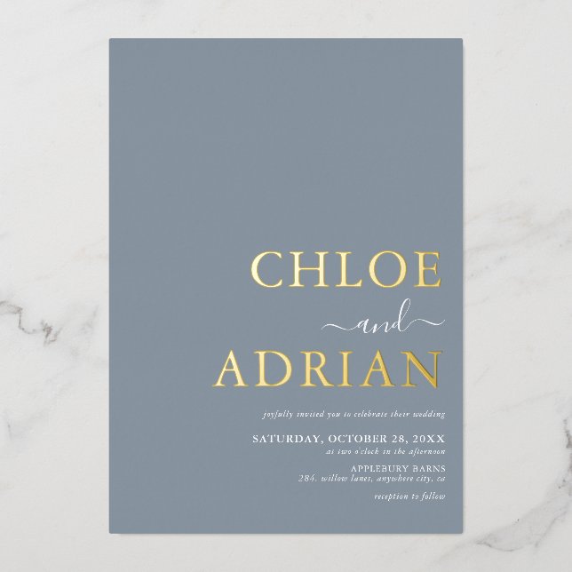 Invitation En Aluminium Simple minimum Dusty Blue Mariage Gold (Recto)