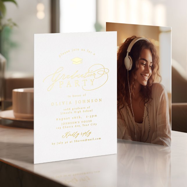 Invitation En Aluminium Simple Modern Calligraphy Photo Graduation (Simple Modern Calligraphy Photo Graduation Foil Invitation)