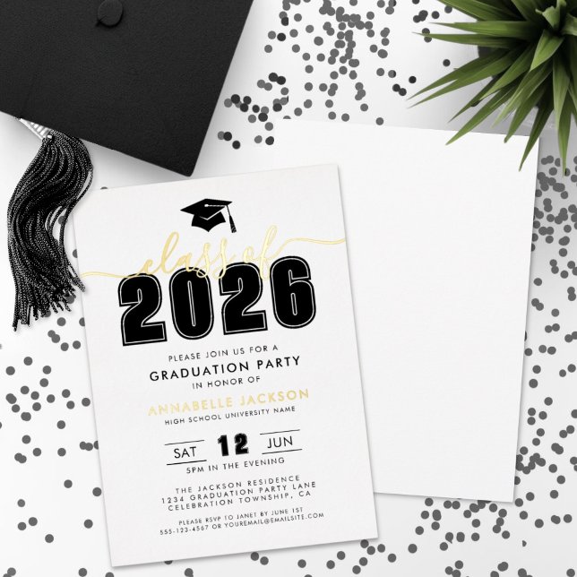 Invitation En Aluminium Simple moderne Black White Graduation Party Gold (Simple Modern Black White Graduation Party Gold Foil Invitation )