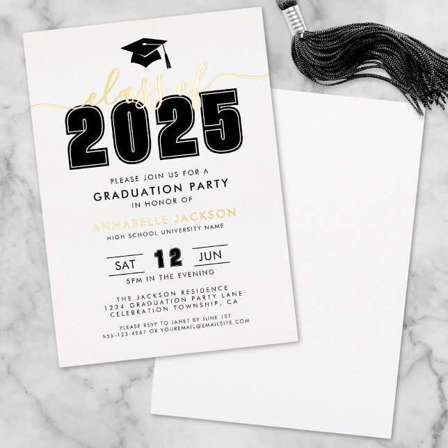 Invitation En Aluminium Simple moderne Black White Graduation Party Gold (Simple Modern Black White Graduation Party Gold Foil Invitation )