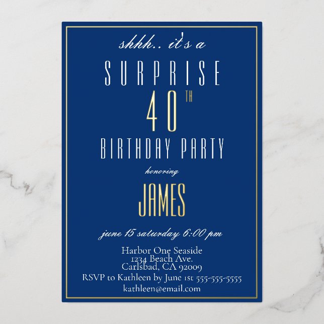 Invitation En Aluminium Simple moderne Elegant Navy 40e anniversaire (Recto)